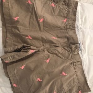 Old navy tan shorts with pink flamingos